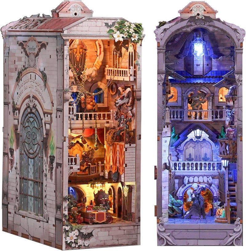 Tonecheer DIY Book Nook Kit for Adults, Double-Sided Booknook Wooden 3D Puzzle Bookend Miniature House Kit, Fantasy Bookshelf Decor with Dust Cover and LED Light for Birthday Gifts (Monster Carnival) - Image 1